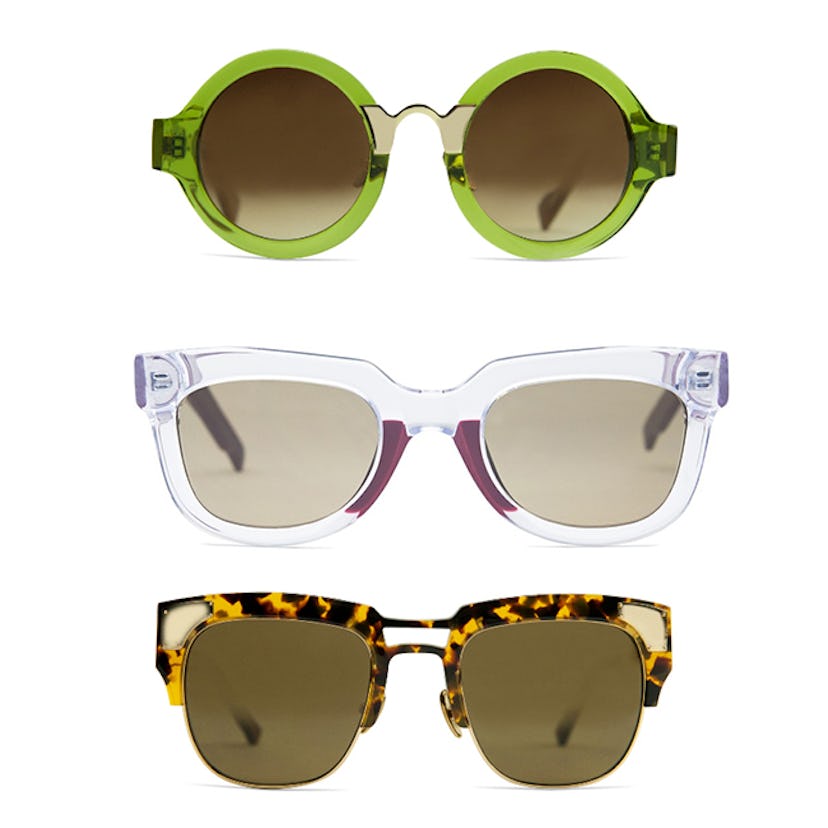 Three pairs of sunglasses by Coco & Breezy with green, transparent and leopard-print frames 