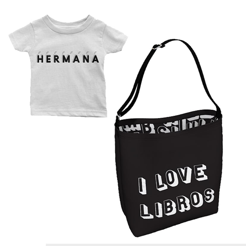 A white "hermana" t-shirt and black "I love libros" bag by Vince and Soph 