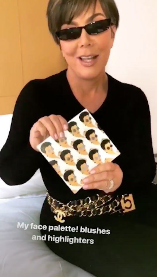 Kris Jenner showing off "Kriscosmetics", her face on a blush and highlighter palette