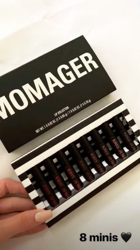 Promoting "Momager" lip kit by Kylie Cosmetics, inspired by her mother Kris Jenner