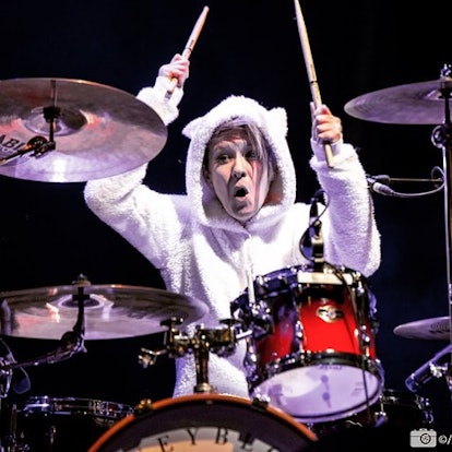Cat Myers wearing a white bunny custome during her performance