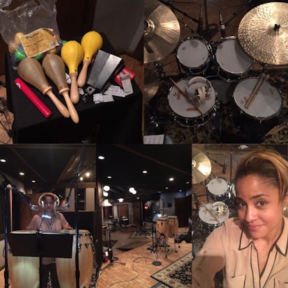Collage of Kimberly Thompson and photos of her drums