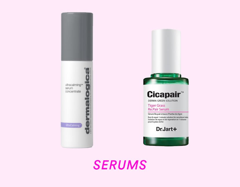 Bottles of Dermalogica UltraCalming Serum Concentrate and Dr. Jart+ Cicapair™ Tiger Grass Re.Pair Se...