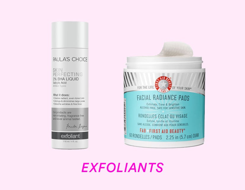 Bottles of Paula’s Choice Skin Perfecting 2% BHA Liquid Salicylic Acid and First Aid Beauty Facial R...