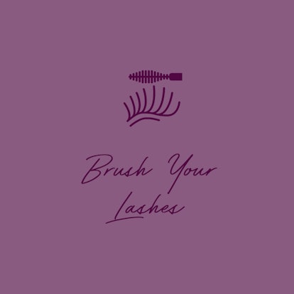 "Brush your lashes" text and eyelash and brush symbols all in plum purple on a dewberry purple backg...