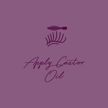 "Apply Castor Oil" text and eyelash and brush symbols all in plum purple on a dewberry purple backgr...
