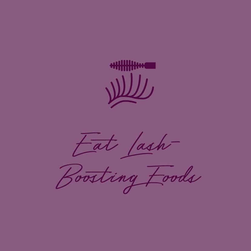 "Eat Lash-Boosting Foods" text and eyelash and brush symbols all in plum purple on a dewberry purple...