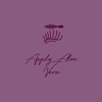 "Apply Aloe Vera" text and eyelash and brush symbols all in plum purple on a dewberry purple backgro...