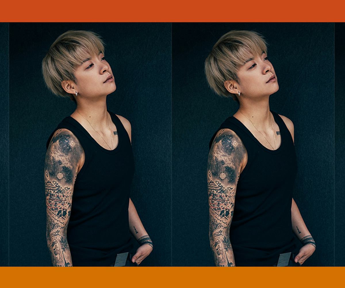 A four-part collage of a semi-profile shot of Amber Liu in a black tank top with a full-sleeve tatto...