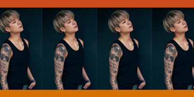 A four-part collage of a semi-profile shot of Amber Liu in a black tank top with a full-sleeve tatto...