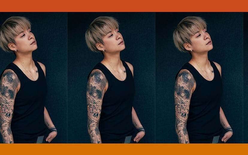 A four-part collage of a semi-profile shot of Amber Liu in a black tank top with a full-sleeve tatto...