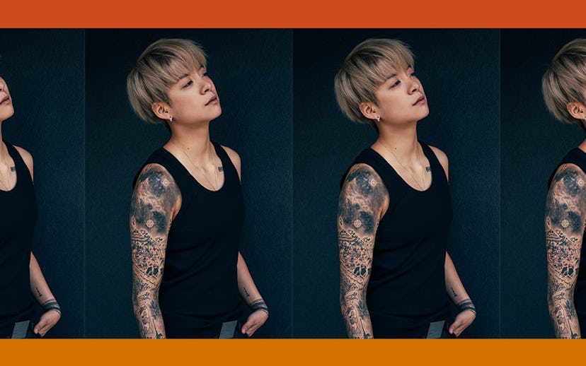 A four-part collage of a semi-profile shot of Amber Liu in a black tank top with a full-sleeve tatto...