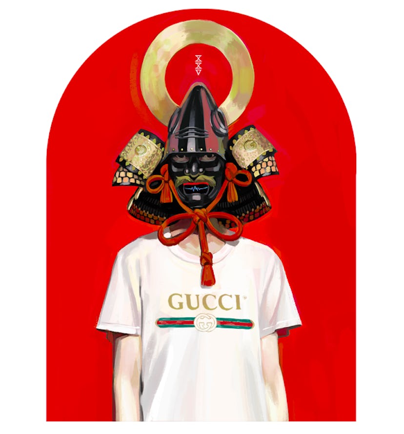 A guy wearing a Gucci t-shirt and samurai mask