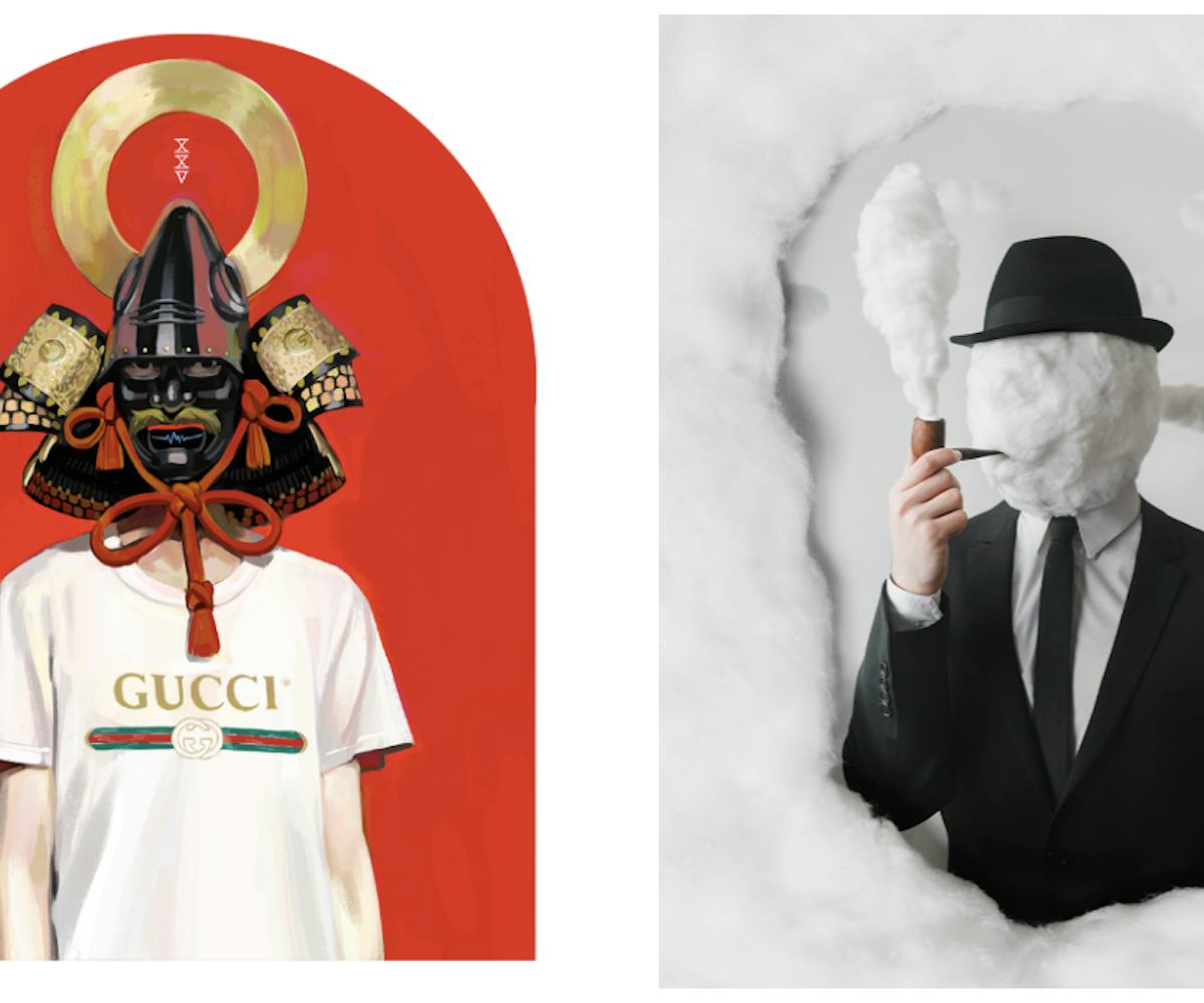 Post-modern surrealist drawings of a guy in a Gucci t-shirt and samurai mask and a man in a suit who...