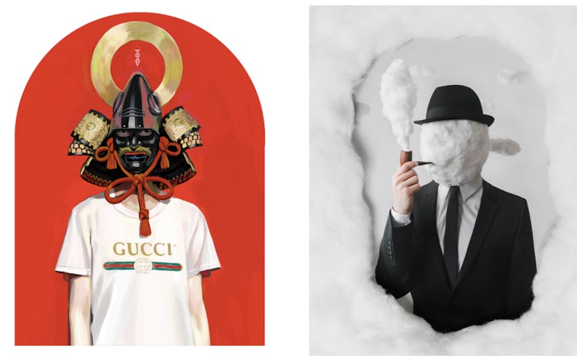 Post-modern surrealist drawings of a guy in a Gucci t-shirt and samurai mask and a man in a suit who...