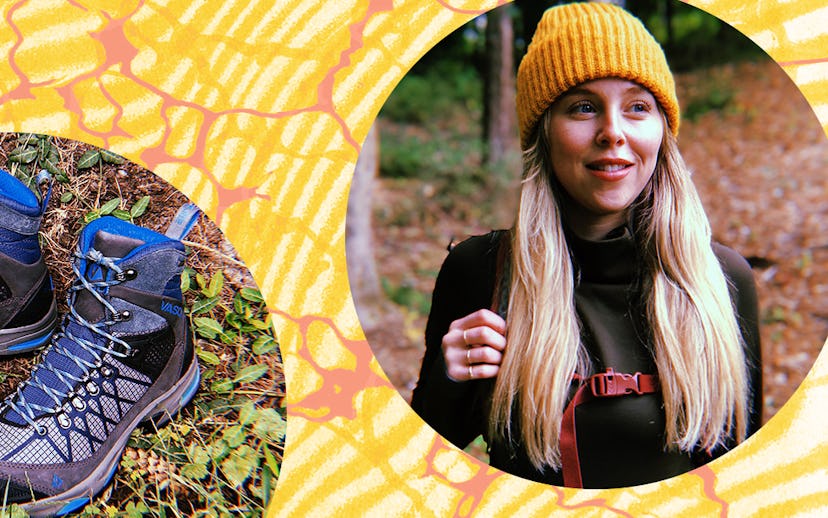 A blonde long-haired woman in a brown turtle neck shirt with a yellow knit beanie on her head in a c...
