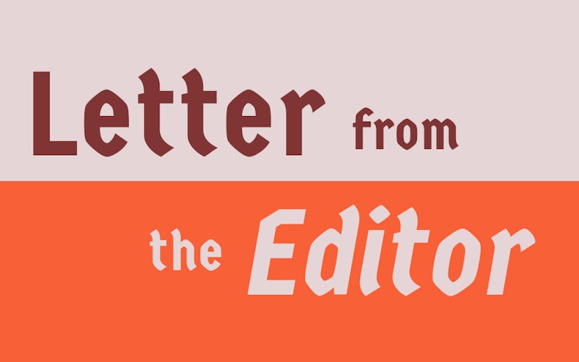 "Letter from the editor logo" text on an orange and white background