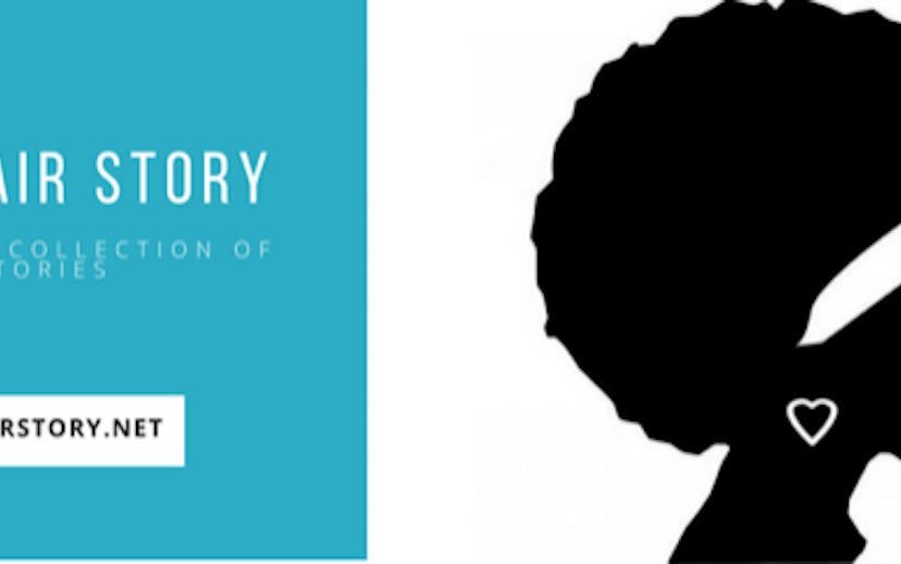 The poster for 'Our Hair Story' in black, blue, and white with the illustration of a woman's profile