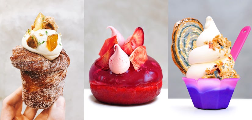 A cruffin, a red doughnut and a soft serve in a purple dish all lined up in photos beside each other...