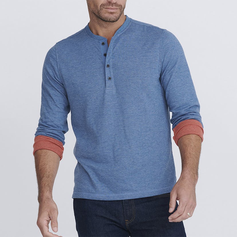 UNTUCKit's Grassi Double Face Henley in blue with red on the bottom of the sleeves 