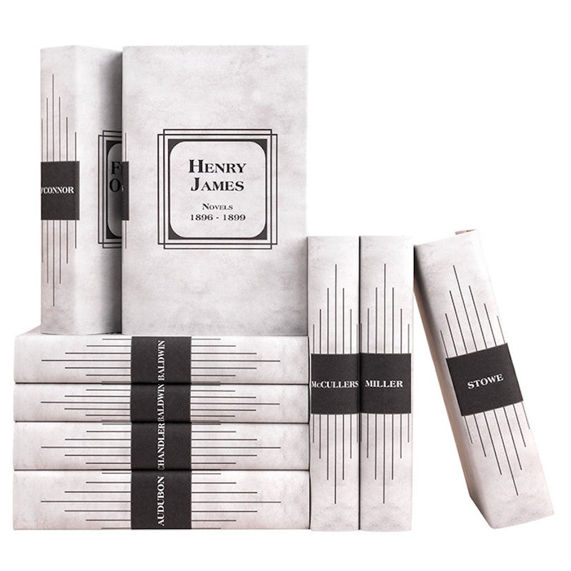Juniper Books' Make Your Own American Authors Collection with books wrapped in white with black writ...