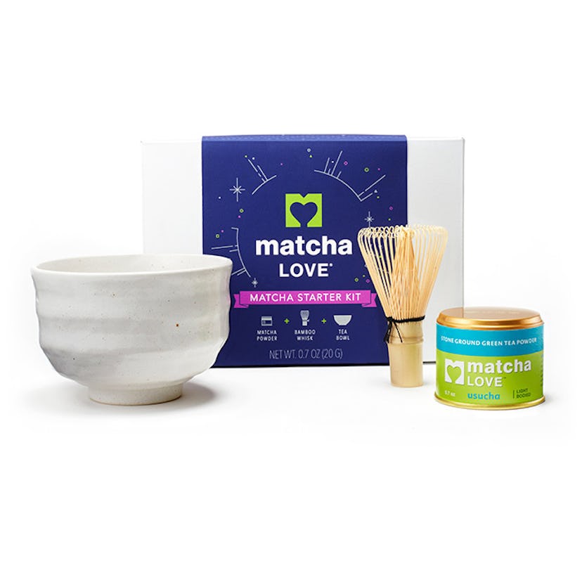 Matcha LOVE's Matcha Starter Kit with a bowl, whisk, and tin of matcha 