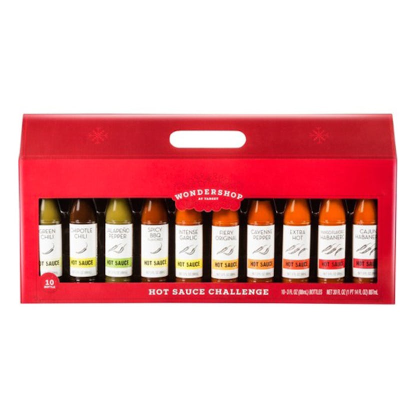 Wondershop's Christmas Hot Sauce Gift Set with 10 bottles of sauce ranging from mild to very hot 