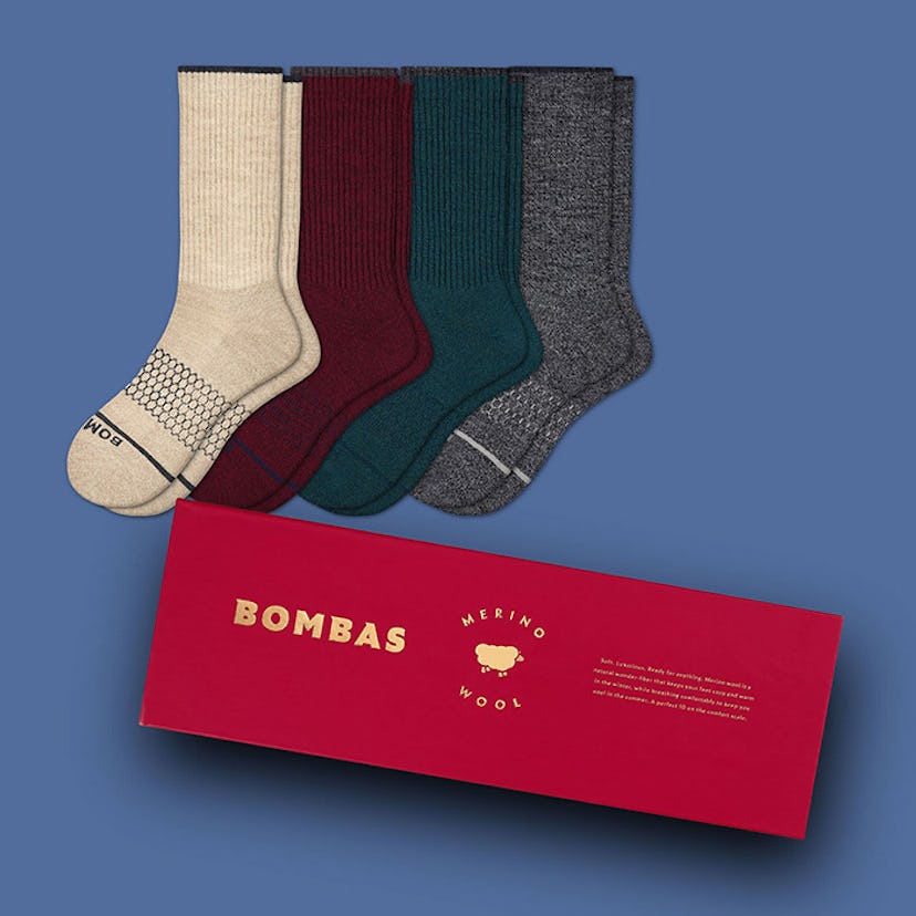 Bombas's Merino Wool Gift Box in red, white pairs of white, maroon, green and grey socks 