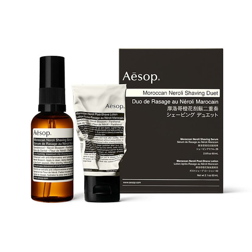 Aesop's Moroccan Neroli Shaving Duet made up of a shaving serum and post-shave lotion