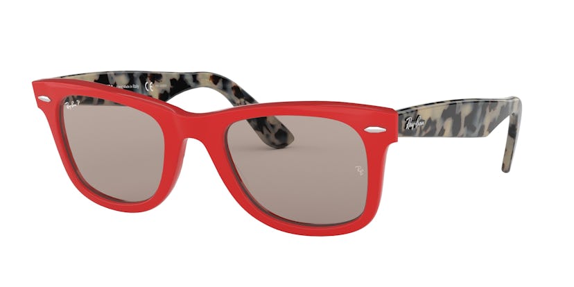 Ray-Ban's Wayfarer Pop sunglasses with red frames on the front and leopard print on the back 