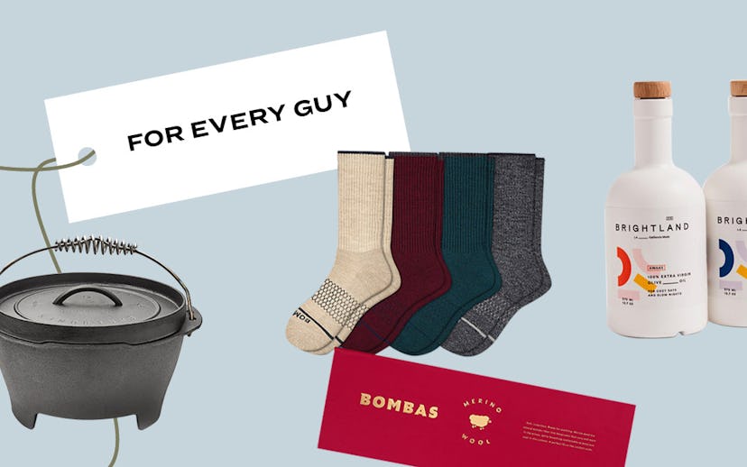 A collage of a BBQ, socks, olive oil and a tag that says "for every guy"