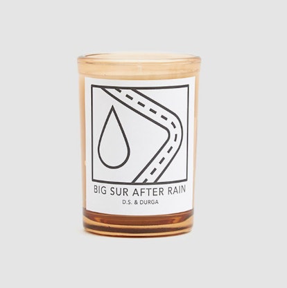 D.S. & Durga's Big Sur After Rain candle in a translucent holder with a white label with black writi...