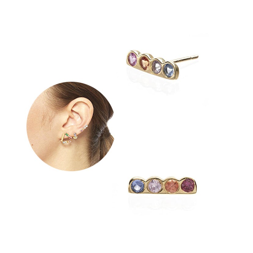 Scosha's Cloud Studs: dainty studs with multicolored gemstones embedded within the gently curved sha...