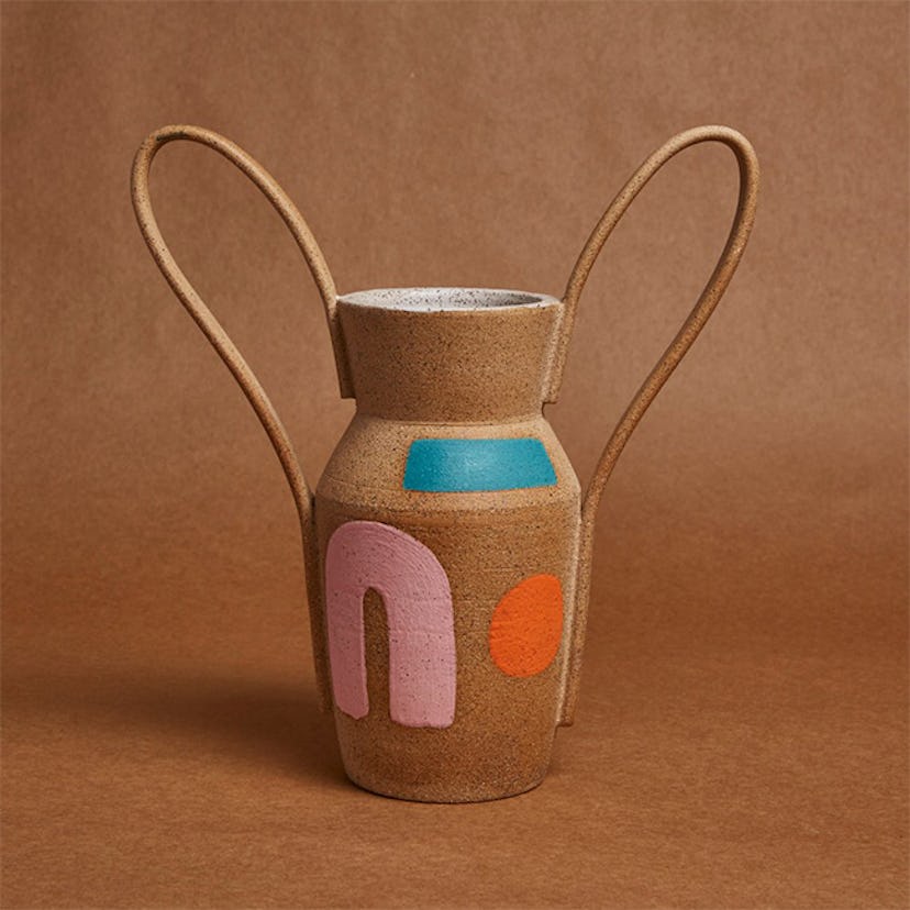 Marian Bull Ceramics, Daughter Vase, simple brown color with blue, pink and orange shapes