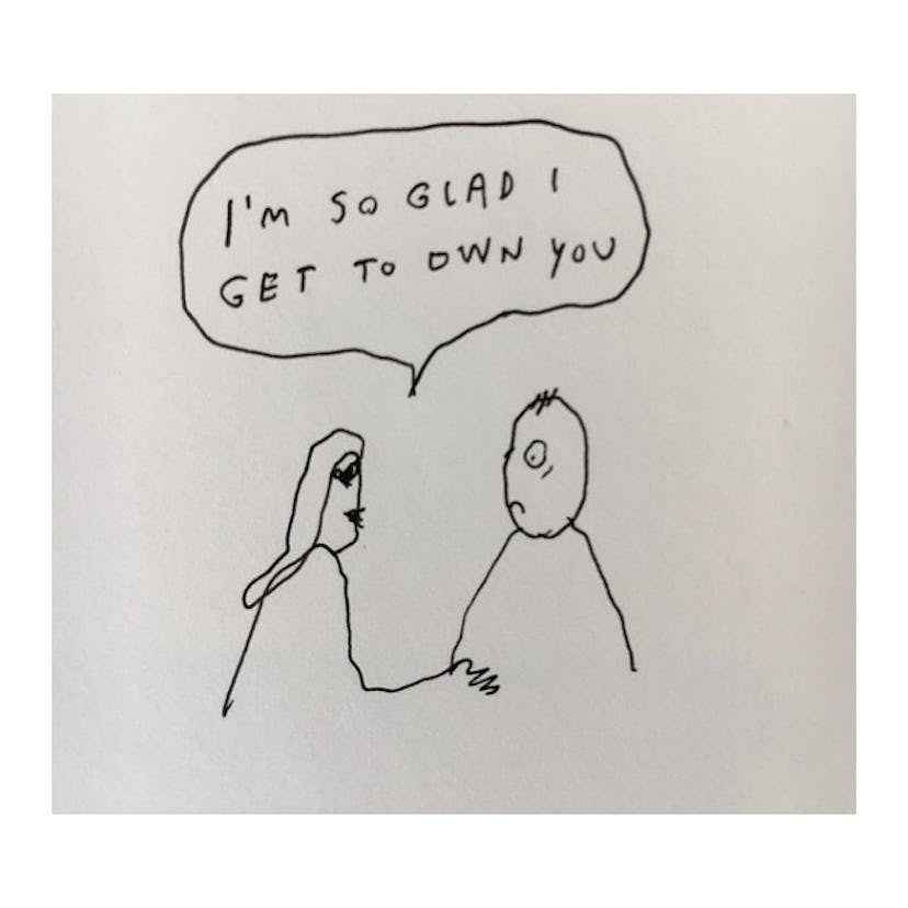 Liana Finck, Cartoon Drawing (8x10 redrawn original), with a woman saying: "I'm so glad I get to own...