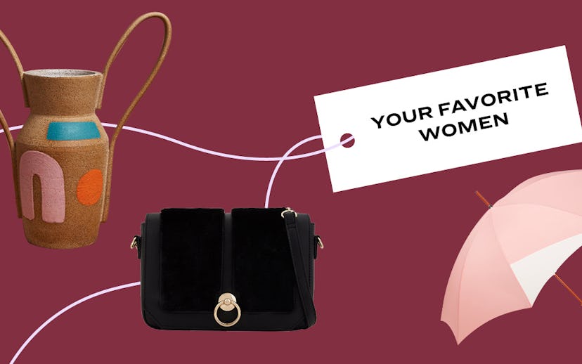 A decorative vase, a pink umbrella, a black purse and a white card with a "Your favorite women" text...
