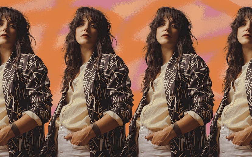 Sharon Van Etten wearing a patterned shirt while holding a hand in her pocket 