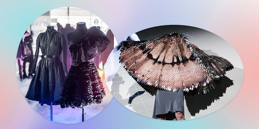 Three couture fashion dress pieces, two black dresses, and one big head piece that looks similar to ...