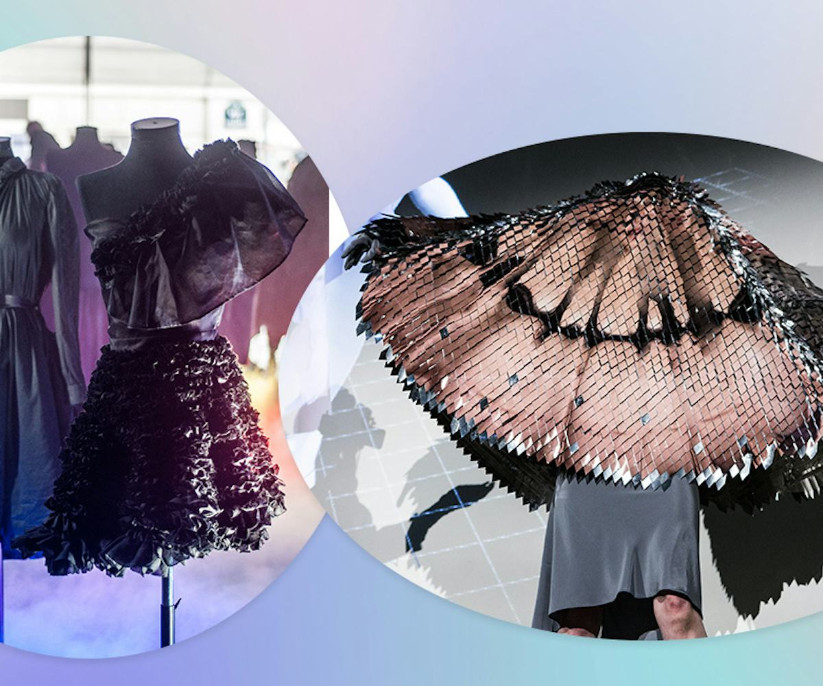 Three couture fashion dress pieces, two black dresses, and one big head piece that looks similar to ...