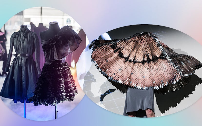 Three couture fashion dress pieces, two black dresses, and one big head piece that looks similar to ...