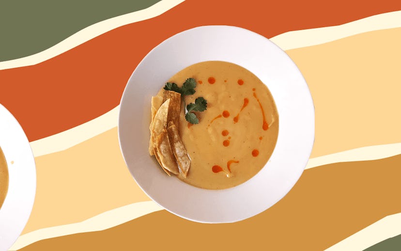 Vegan soup on a white plate for Meatless Mondays column