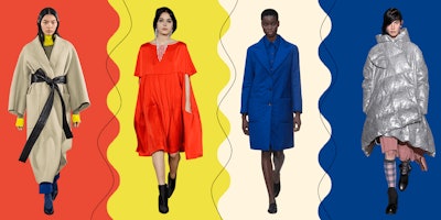 Models in outfits designed by the Coolest Emerging Designers Of Paris Fashion Week in front of contr...