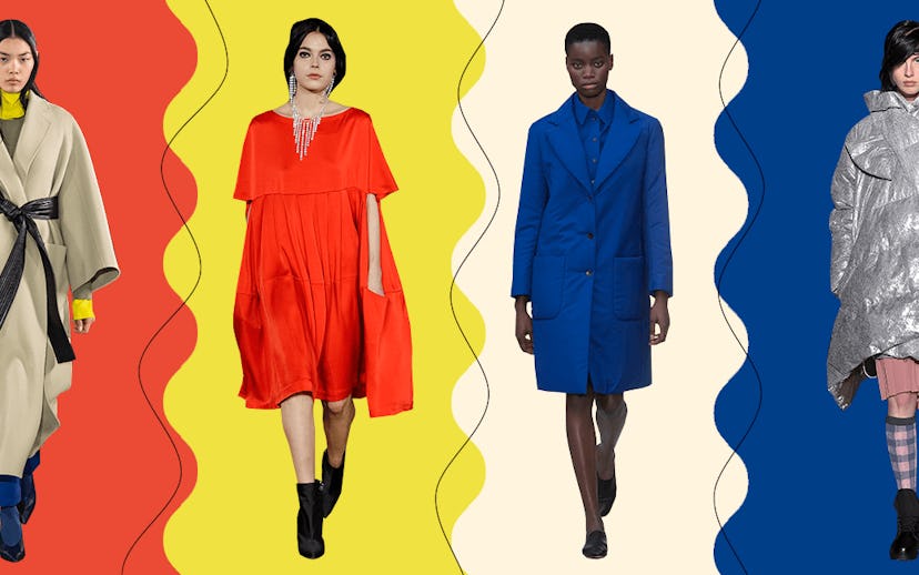 Models in outfits designed by the Coolest Emerging Designers Of Paris Fashion Week in front of contr...