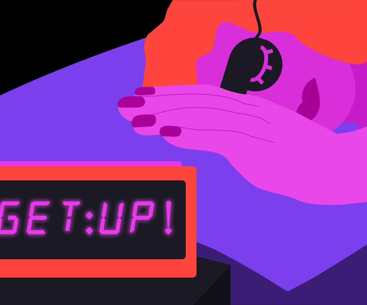 Illustration of a girl sleeping while her alarm clock rings to wake her up