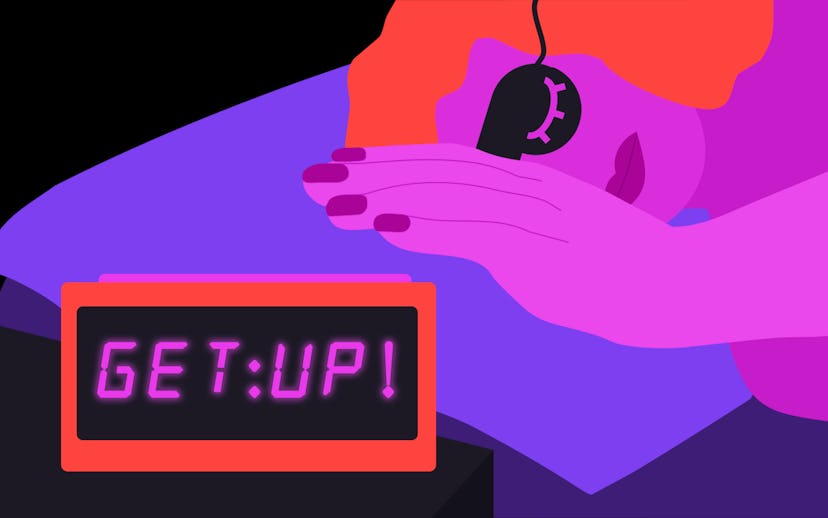 Illustration of a girl sleeping while her alarm clock rings to wake her up