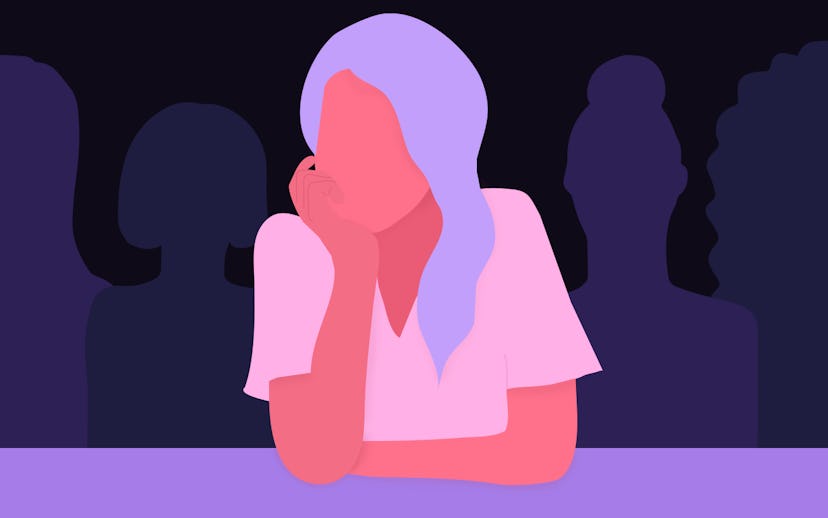 Illustration of an anxious girl sitting alone between many people 