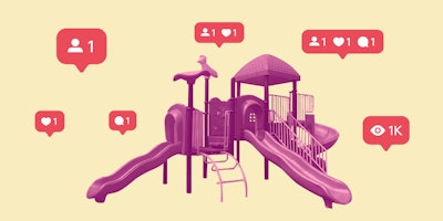 Purple kids playground with various social media symbols all around it