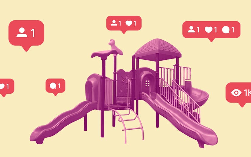 Purple kids playground with various social media symbols all around it