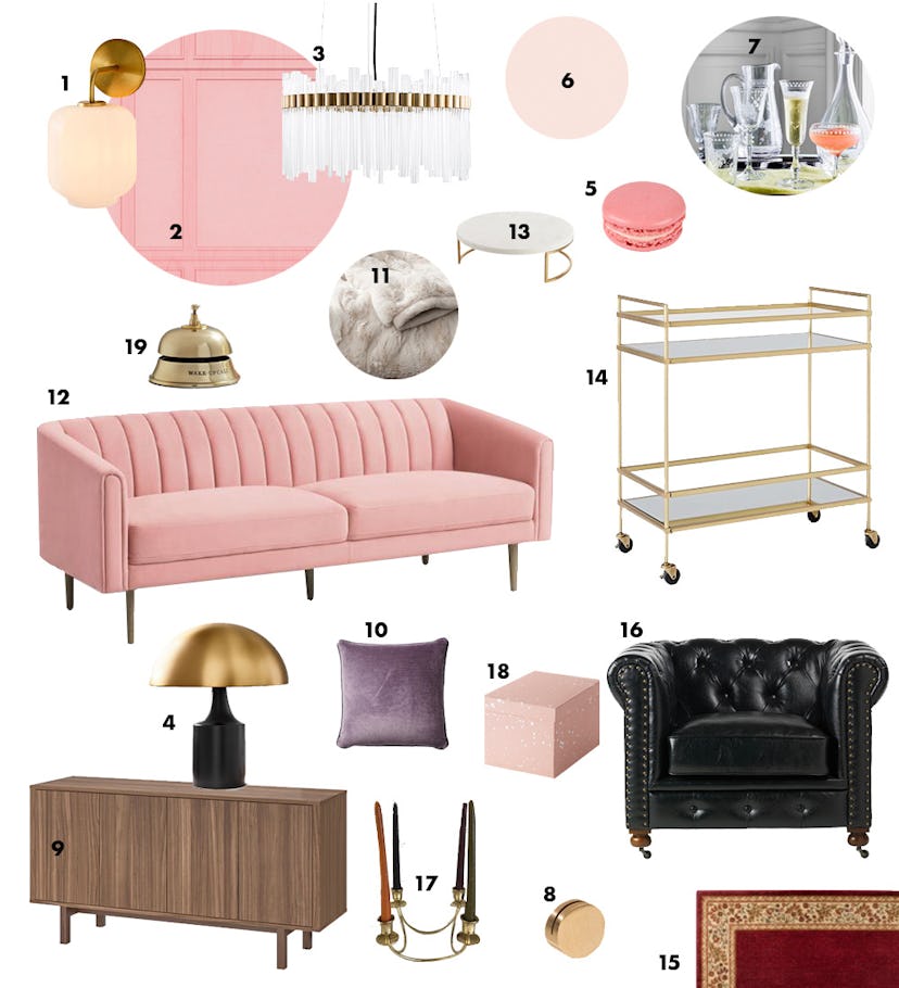 An assortment of 19 different household objects from The Grand Budapest Hotel movie on a white backg...