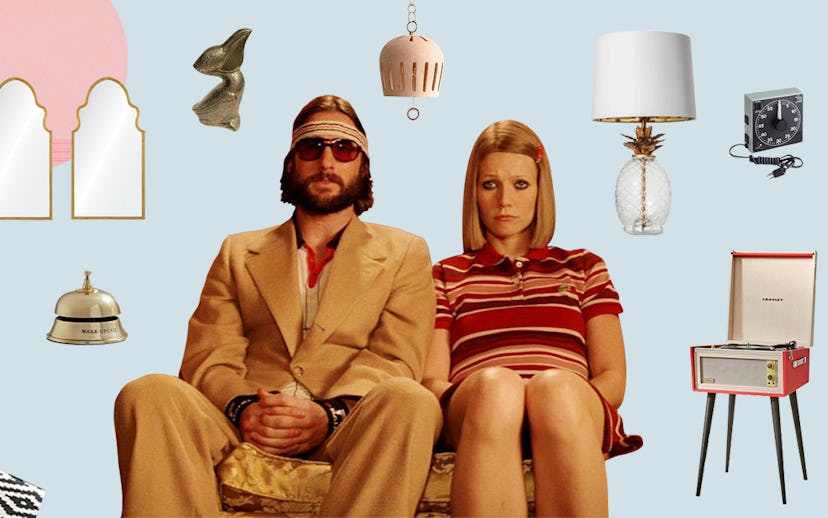 Collage of the leads from The Royal Tenenbaums movie with different household objects around them